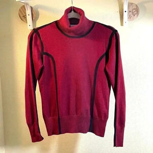 Carmen Marc Valvo Womens Turtleneck Deep Red Black Trim Stretch Rayon Sz S